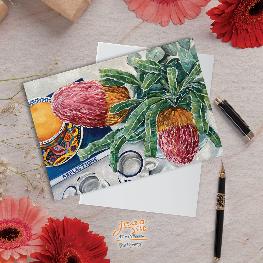 Greeting Card, 'Banksia and Breakfast Tea' is a reproduction from the original oil artwork by Australian artist Jess King