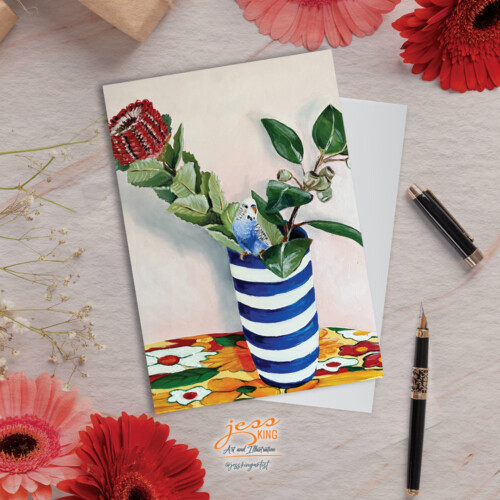 Greeting Card 'Budgie & Banksia in Hamptons Vase' is a reproduction from the original oil artwork by Australian artist Jess King