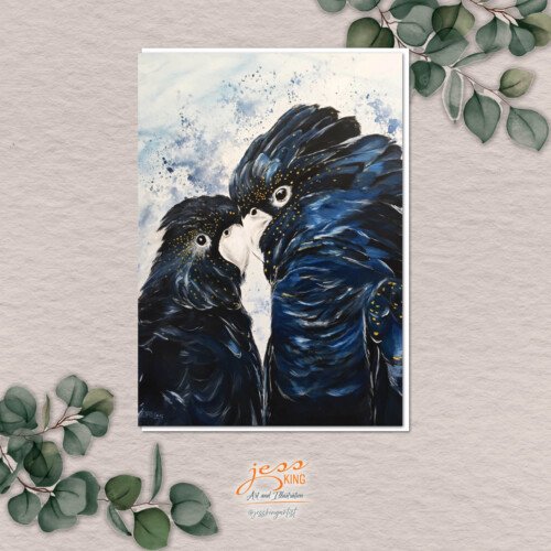 'Black Cockatoo Love' is a reproduction from the original watercolour artwork by Australian artist Jess King