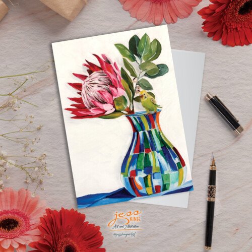 'Protea, Budgie and Colourful Vase' is a reproduction from the original oil artwork by Australian artist Jess King