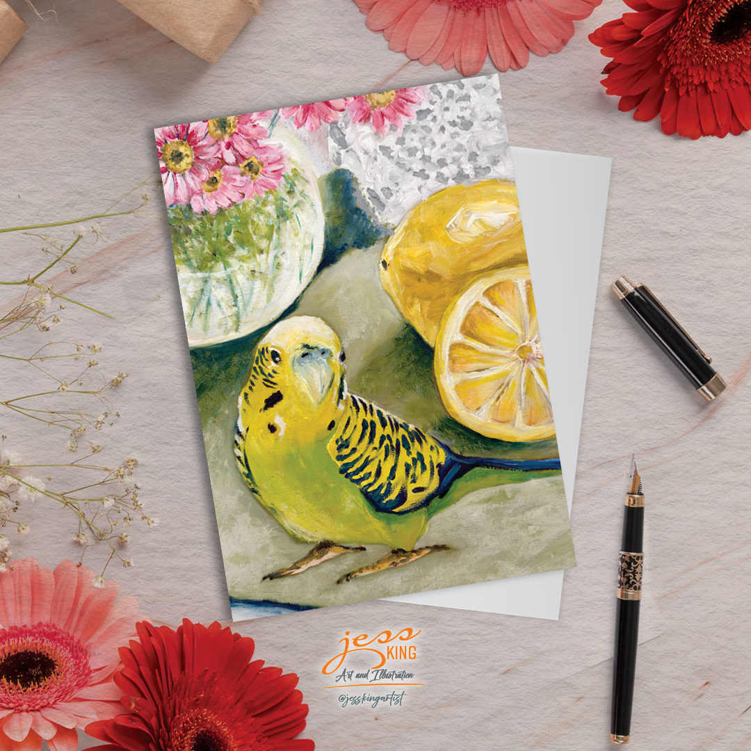 Greeting Card. 'Budgie Loves Lemons' is a reproduction from the original oil artwork by Australian artist Jess King