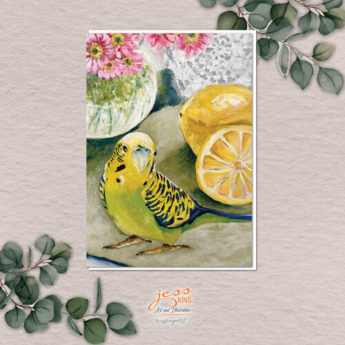 Greeting Card. 'Budgie Loves Lemons' is a reproduction from the original oil artwork by Australian artist Jess King