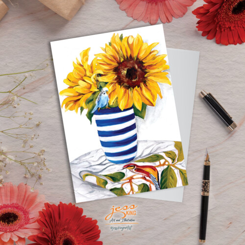 Greeting card 'Budgie Loves Sunflowers' is a reproduction from the original oil artwork by Australian artist Jess King
