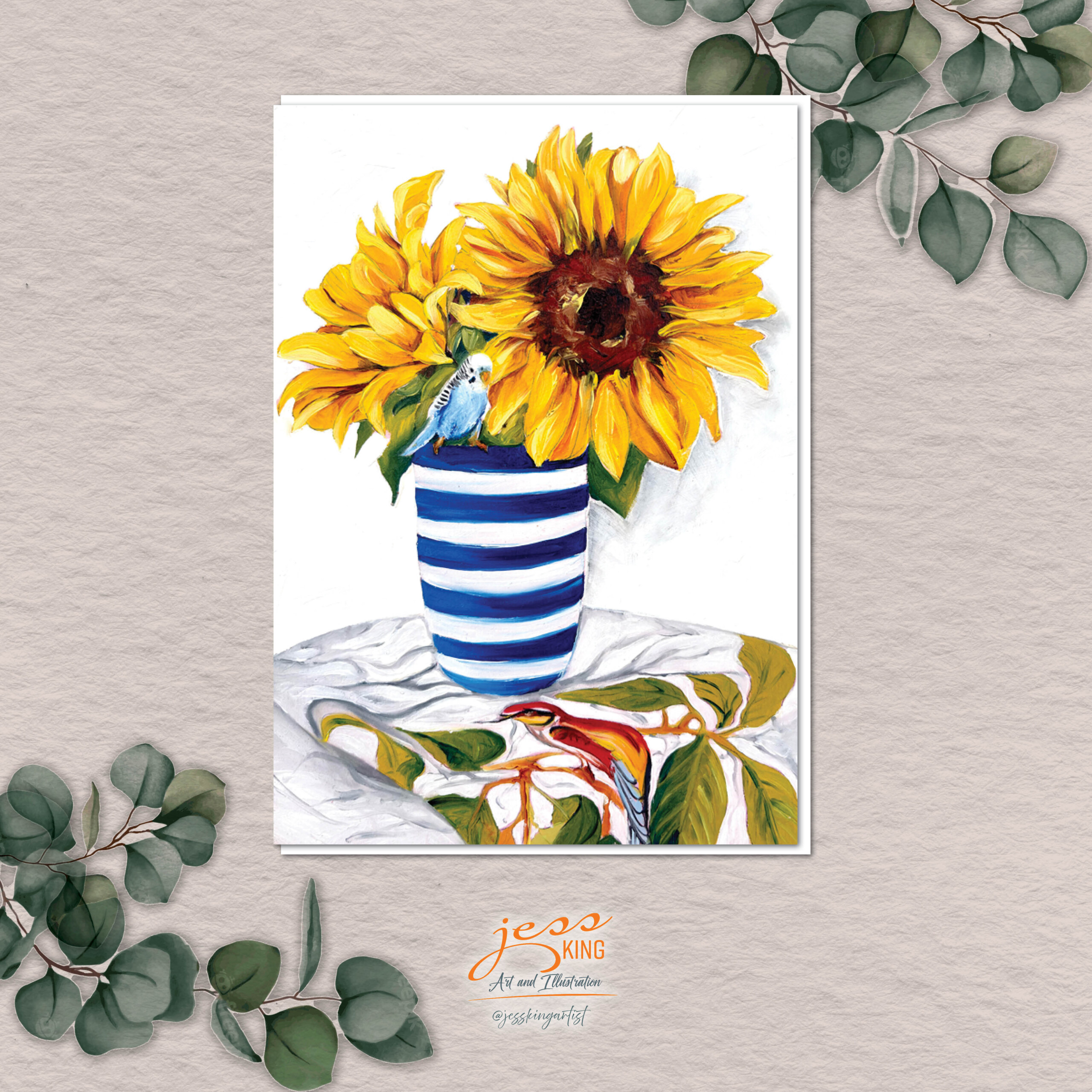 Greeting card 'Budgie Loves Sunflowers' is a reproduction from the original oil artwork by Australian artist Jess King