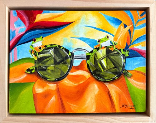 "Catch Me If You Can" is an original oil painting by Australian artist Jess King, depicting two red-eyed tree frogs perched on round vintage sunglasses against a bold tropical-leaf background. It is part of Jess King's colourful still-life body of work.