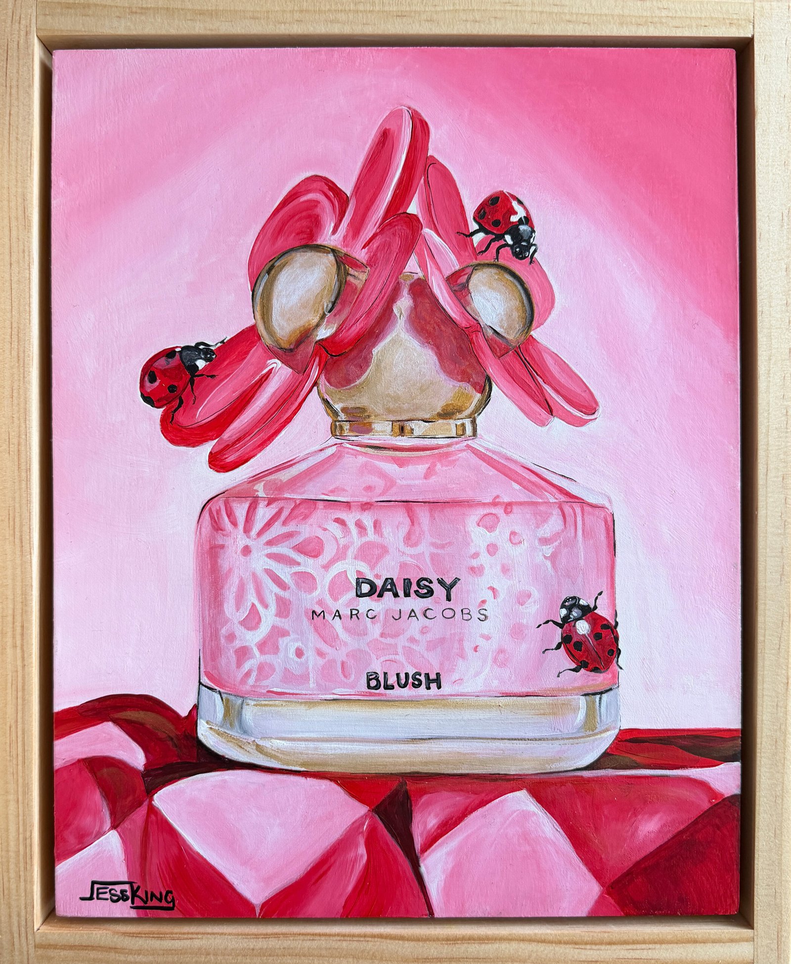 Daisy Blush by Jess King is an original artwork of a perfume bottle with a pink daisy top and 3 red ladybugs invetigating the sweet smell