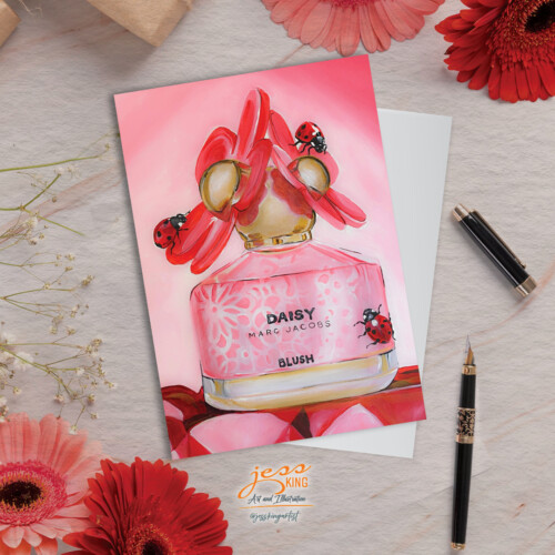 Greeting Card. 'Daisy Blush' is a reproduction from the original acrylic artwork by Australian artist Jess King, featuring ladybirds and a Daisy perfume bottle.