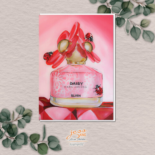 Greeting Card. 'Daisy Blush' is a reproduction from the original acrylic artwork by Australian artist Jess King, featuring ladybirds and a Daisy perfume bottle.