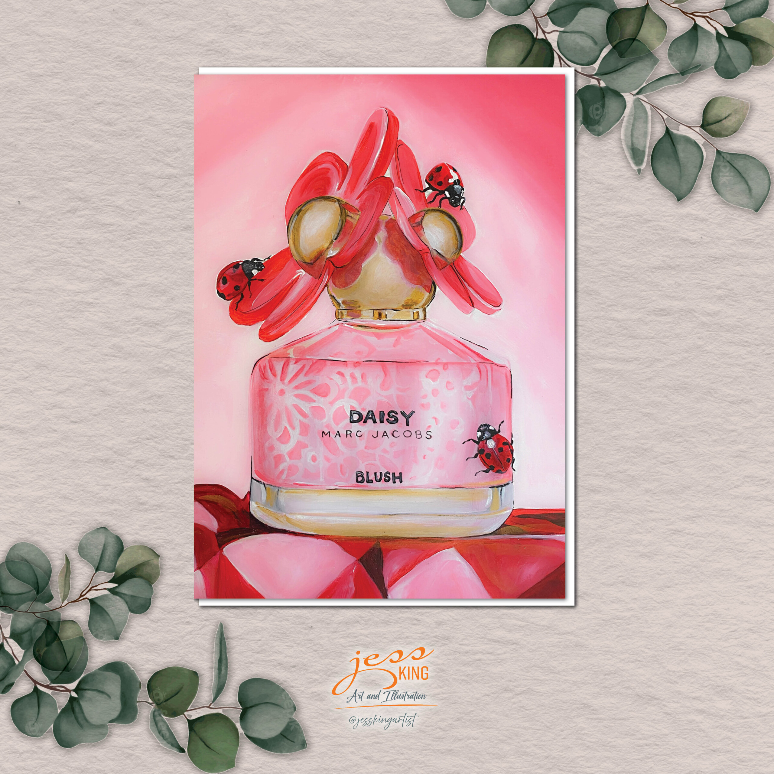 Greeting Card. 'Daisy Blush' is a reproduction from the original acrylic artwork by Australian artist Jess King, featuring ladybirds and a Daisy perfume bottle.