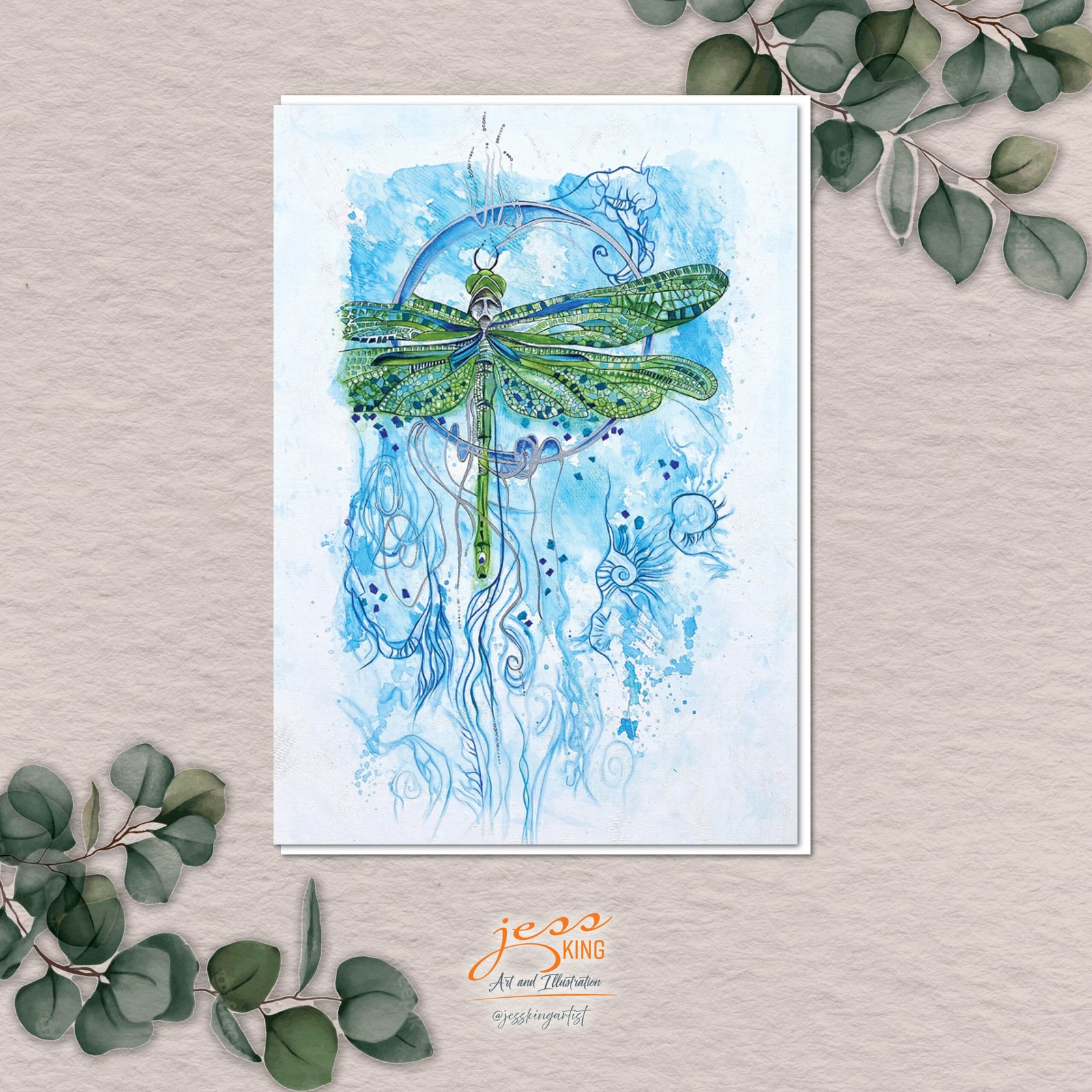 'Dragonfly Freedom' is a reproduction from the original mixed media ink and watercolour artwork by Australian artist Jess King