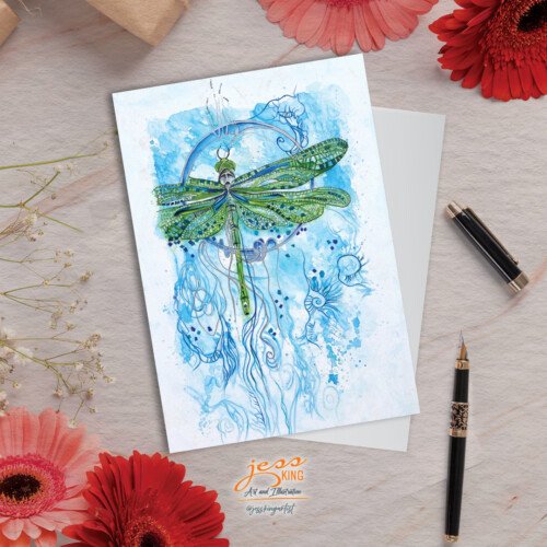 'Dragonfly Freedom' is a reproduction from the original mixed media ink and watercolour artwork by Australian artist Jess King
