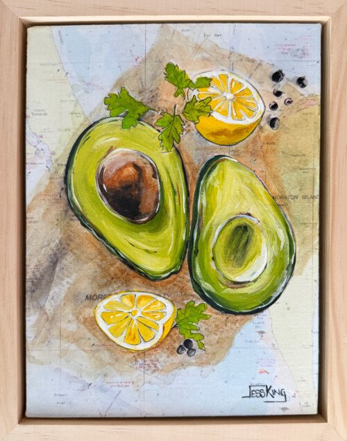 "Home Grown" is a mixed media artwork by Australian artist Jess King, featuring avocado halves, lemon, parsley and peppercorns painted in acrylic and pen over a vintage nautical chart of Moreton Bay.