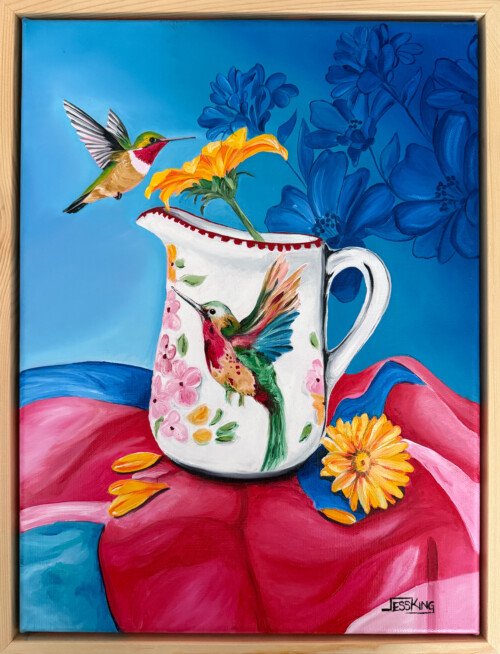 A jug full of Humming Company by Jess King Artist. "True to Form" is an original oil painting by Australian artist Jess King, depicting a hummingbird in flight beside a hand-painted vintage jug