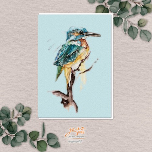 'Kingfisher Study' is a reproduction from the original mixed media ink and watercolour artwork by Australian artist Jess King
