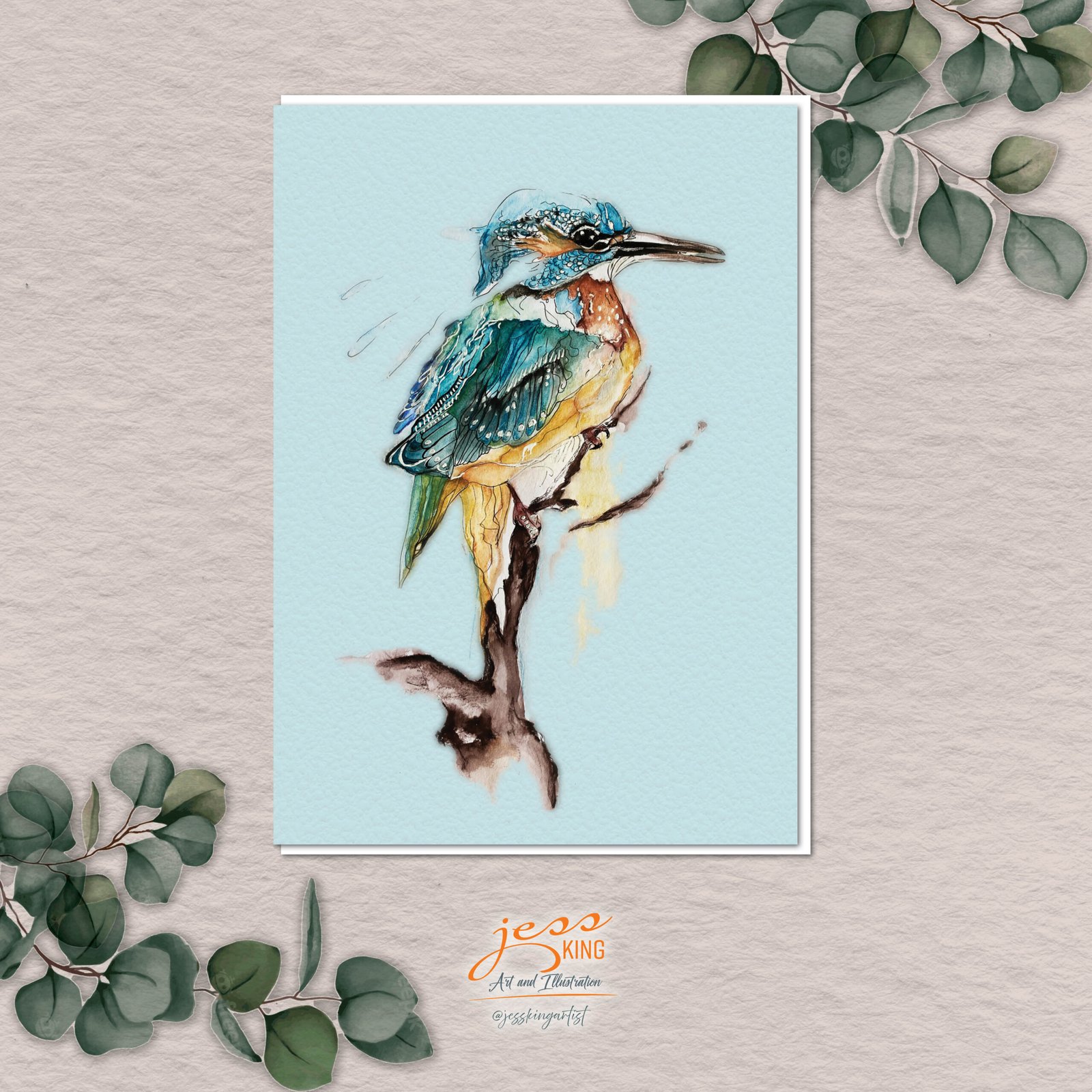'Kingfisher Study' is a reproduction from the original mixed media ink and watercolour artwork by Australian artist Jess King