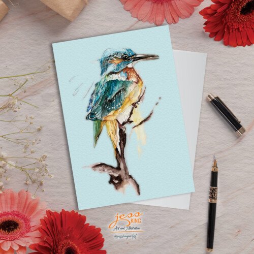 'Kingfisher Study' is a reproduction from the original mixed media ink and watercolour artwork by Australian artist Jess King