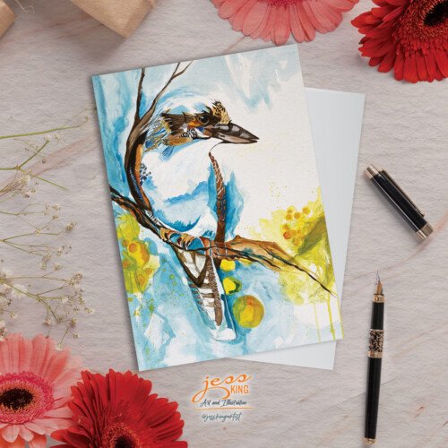 'Kookaburra Wattle' is a reproduction from the original mixed media ink and watercolour artwork by Australian artist Jess King