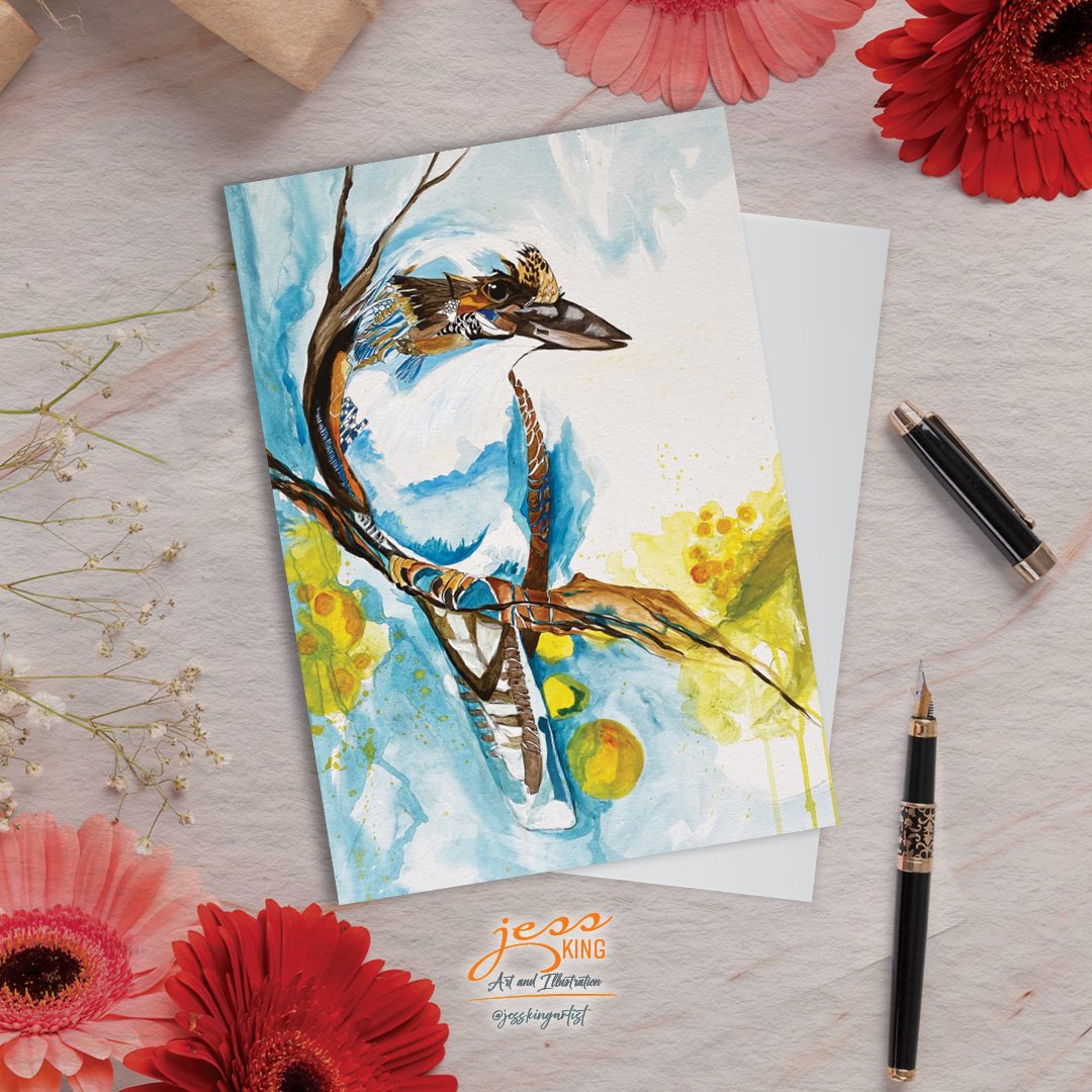 'Kookaburra Wattle' is a reproduction from the original mixed media ink and watercolour artwork by Australian artist Jess King