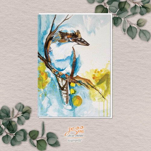 'Kookaburra Wattle' is a reproduction from the original mixed media ink and watercolour artwork by Australian artist Jess King