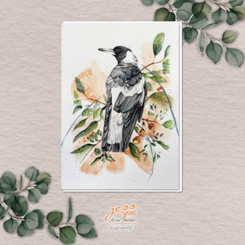 'Magie Magpie' is a reproduction from the original watercolour artwork by Australian artist Jess King