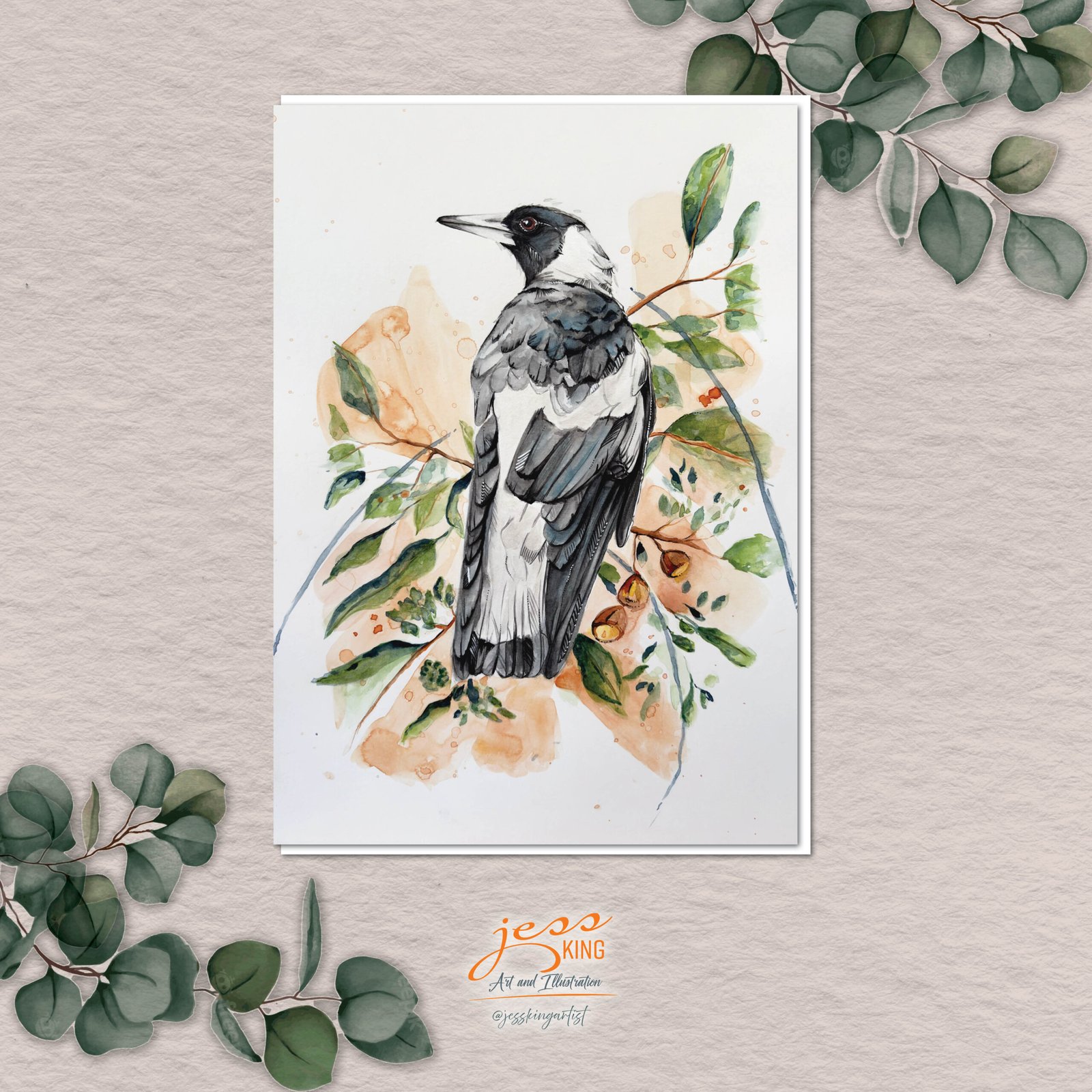 'Magie Magpie' is a reproduction from the original watercolour artwork by Australian artist Jess King