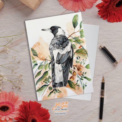 'Magie Magpie' is a reproduction from the original watercolour artwork by Australian artist Jess King