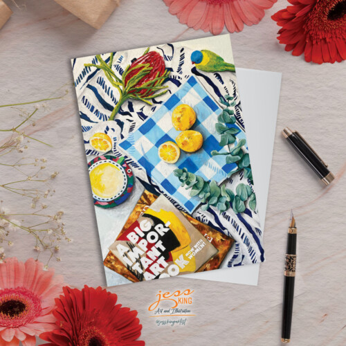 Greeting Card 'Monday Morning Tea Time' is a reproduction from the original oil artwork by Australian artist Jess King