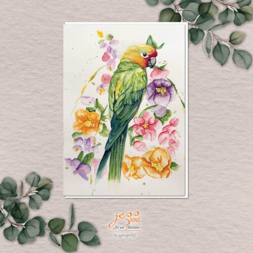 'Parakeet Paradise' is a reproduction from the original watercolour artwork by Australian artist Jess King