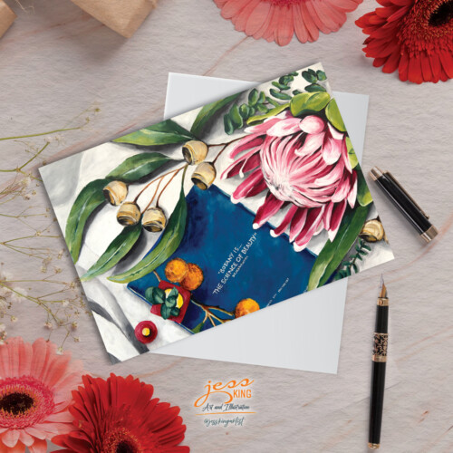 Greeting card 'Petals and Pages' is a reproduction from the original oil artwork by Australian artist Jess King, featuring a soft pink protea bloom, gumnuts and eucalyptus leaves