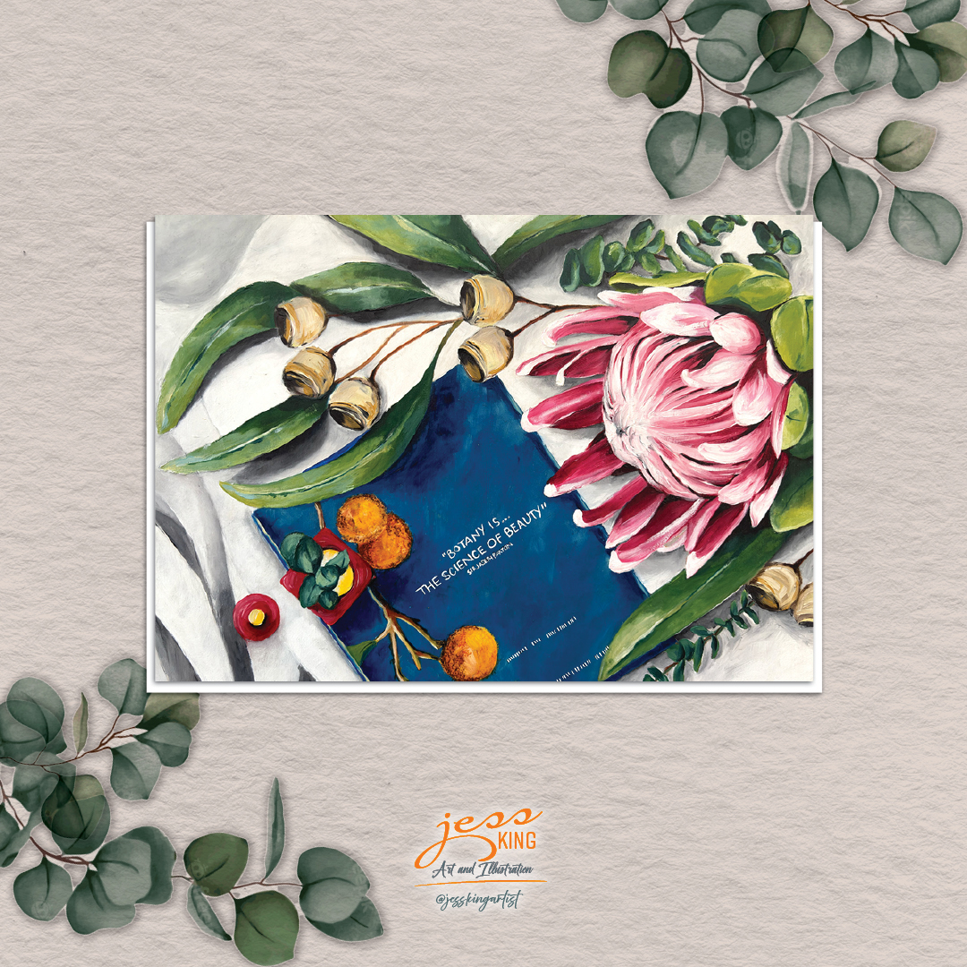 Greeting card 'Petals and Pages' is a reproduction from the original oil artwork by Australian artist Jess King, featuring a soft pink protea bloom, gumnuts and eucalyptus leaves
