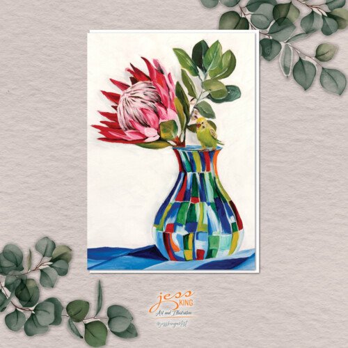 'Protea, Budgie and Colourful Vase' is a reproduction from the original oil artwork by Australian artist Jess King