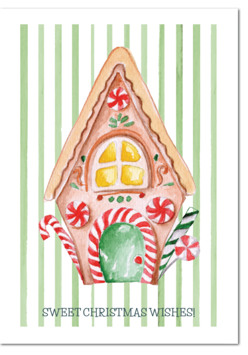 A hand-painted watercolour gingerbread house trimmed with peppermint swirls and candy canes, set against a fresh green stripe background. A sweet, whimsical Christmas card for gingerbread and baking lovers.