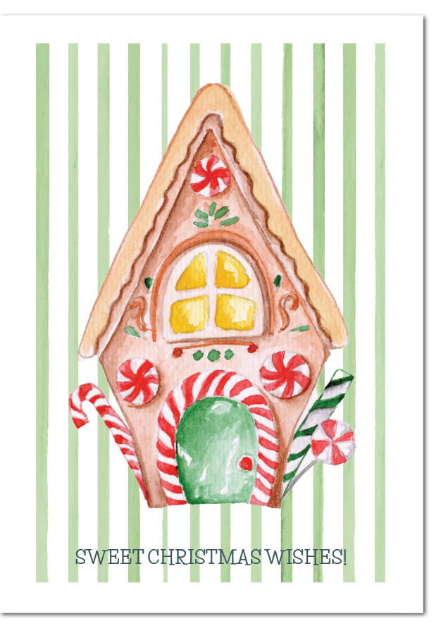 A hand-painted watercolour gingerbread house trimmed with peppermint swirls and candy canes, set against a fresh green stripe background. A sweet, whimsical Christmas card for gingerbread and baking lovers.