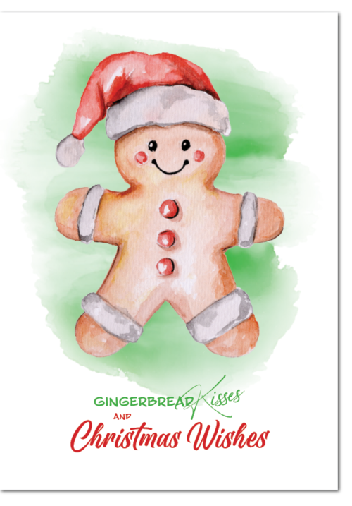 A cheerful watercolour gingerbread man in a Santa hat, painted over a soft green wash and paired with the hand-lettered greeting 'Gingerbread Kisses and Christmas Wishes'. A cute, cookie-inspired holiday card.