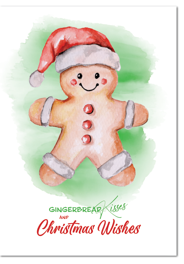 A cheerful watercolour gingerbread man in a Santa hat, painted over a soft green wash and paired with the hand-lettered greeting 'Gingerbread Kisses and Christmas Wishes'. A cute, cookie-inspired holiday card.