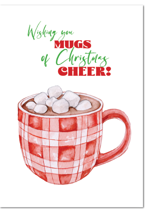 A cosy watercolour illustration of a red plaid mug piled high with marshmallows, paired with the playful greeting 'Wishing You Mugs of Christmas Cheer!'. A warm, festive card for the cosy season.