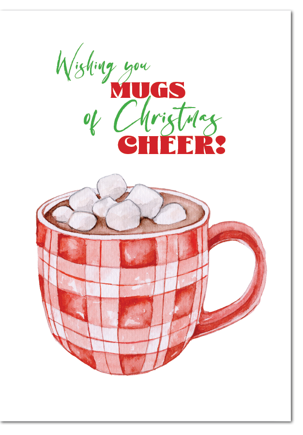 A cosy watercolour illustration of a red plaid mug piled high with marshmallows, paired with the playful greeting 'Wishing You Mugs of Christmas Cheer!'. A warm, festive card for the cosy season.