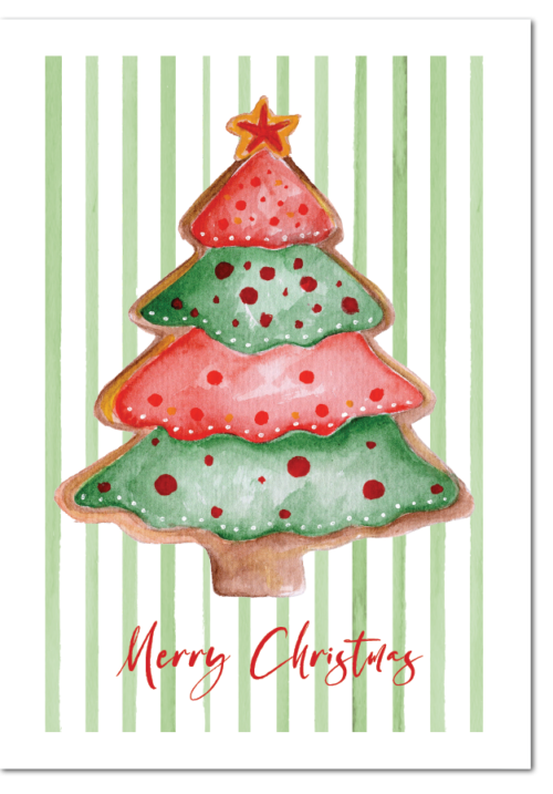 A layered gingerbread-cookie Christmas tree, iced in red and green with a golden star, set on a soft green stripe background. A festive 'Merry Christmas' card with a homemade, baked feel.
