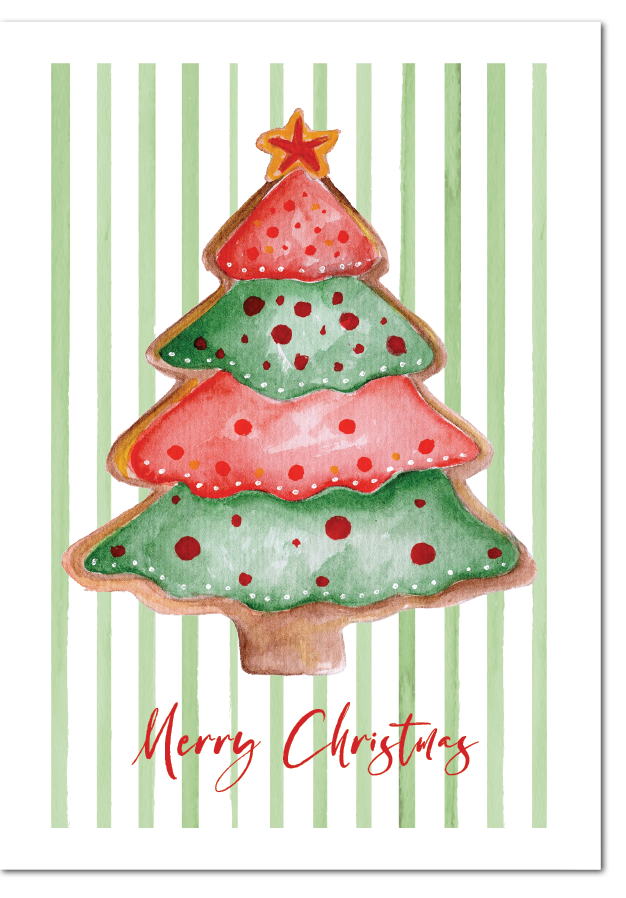 A layered gingerbread-cookie Christmas tree, iced in red and green with a golden star, set on a soft green stripe background. A festive 'Merry Christmas' card with a homemade, baked feel.