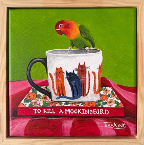 A Good Read original artwork 23x23cm acrylic on canvas of bird on cat with a book To Kill A Mocking Bird by Jess King Artist