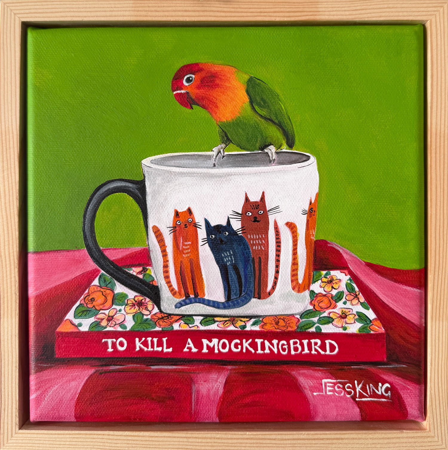 A Good Read original artwork 23x23cm acrylic on canvas of bird on cat with a book To Kill A Mocking Bird by Jess King Artist