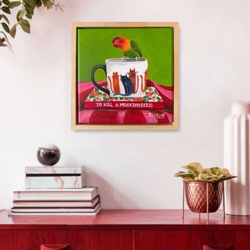 A Good Read original artwork 23x23cm acrylic on canvas of bird on cat with a book To Kill A Mocking Bird by Jess King Artist