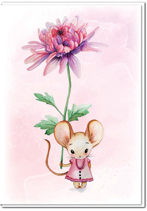 Cute mouse girl and flower greeting card by Jess King Artist. From an original watercolour.
