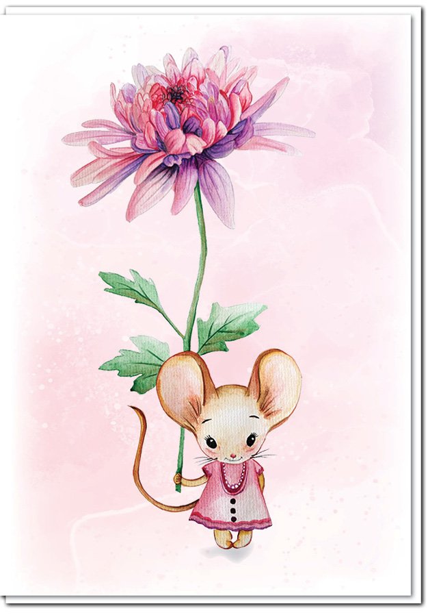 Cute mouse girl and flower greeting card by Jess King Artist. From an original watercolour.